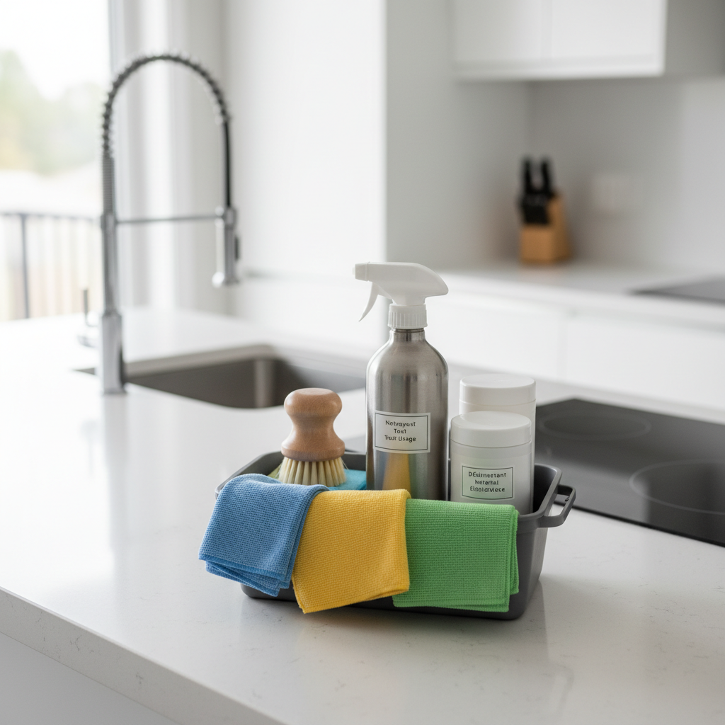 A detailed close-up of professional cleaning tools arranged in a tidy caddy on a kitchen counter: microfiber cloths folded neatly by color, a stainless-steel spray bottle, a soft-bristle brush, and eco-friendly labeled containers, all impeccably clean. Behind, a modern white kitchen with spotless countertops, shining chrome faucet, and a carefully wiped induction cooktop. Soft daylight from a nearby window creates subtle highlights on metal and glass, with a slight bokeh blur in the background. Photographic realism, slightly elevated angle, centered composition. The atmosphere is efficient, organized, and trustworthy, emphasizing the reliability and professionalism of an entretien ménager company.