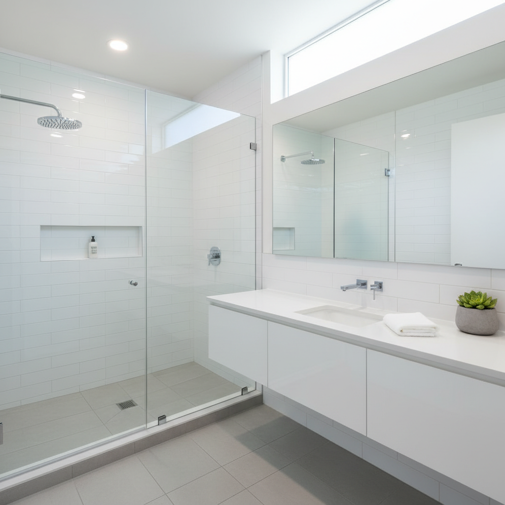 A sparkling modern bathroom that has just been meticulously cleaned: a frameless glass shower with no water spots, glossy white tiles with pristine grout lines, a polished chrome rain showerhead, and a large mirror free of streaks. The vanity countertop is completely uncluttered, with only a neatly folded white hand towel and a small green plant in a minimalist pot. Bright, cool-toned overhead lighting combines with soft daylight from a frosted window, producing crisp reflections and gentle shadows. Photographic realism, slightly elevated corner angle, sharp focus throughout. The mood is fresh, hygienic, and professional, showcasing high standards of residential entretien ménager.