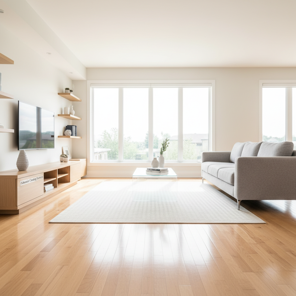 A spotless, modern living room freshly cleaned, with gleaming hardwood floors, a light gray fabric sofa, and a clear glass coffee table perfectly aligned on a neatly vacuumed white rug. Sunlight pours in through large windows with streak-free glass, illuminating dust-free shelves and a perfectly organized TV console. The reflections on the polished floor and table subtly emphasize cleanliness. Photographic realism, shot at eye level with a wide-angle lens, sharp focus throughout. The mood is calm, professional, and welcoming, with bright natural light and soft, gentle shadows that highlight every well-maintained surface, ideal to represent high-quality residential cleaning services in Outaouais.