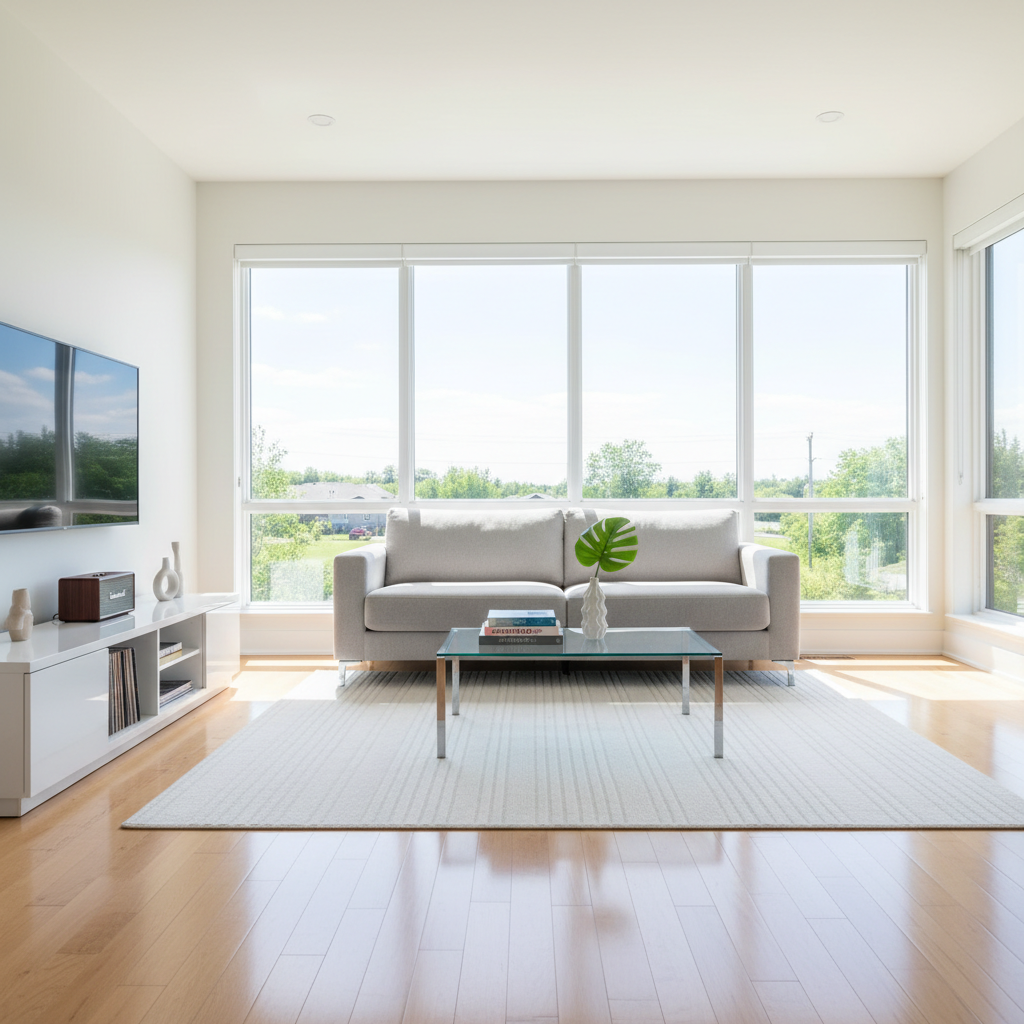 A spotless, modern living room freshly cleaned, with gleaming hardwood floors, a light gray fabric sofa, and a clear glass coffee table perfectly aligned on a neatly vacuumed white rug. Sunlight pours in through large windows with streak-free glass, illuminating dust-free shelves and a perfectly organized TV console. The reflections on the polished floor and table subtly emphasize cleanliness. Photographic realism, shot at eye level with a wide-angle lens, sharp focus throughout. The mood is calm, professional, and welcoming, with bright natural light and soft, gentle shadows that highlight every well-maintained surface, ideal to represent high-quality residential cleaning services in Outaouais.