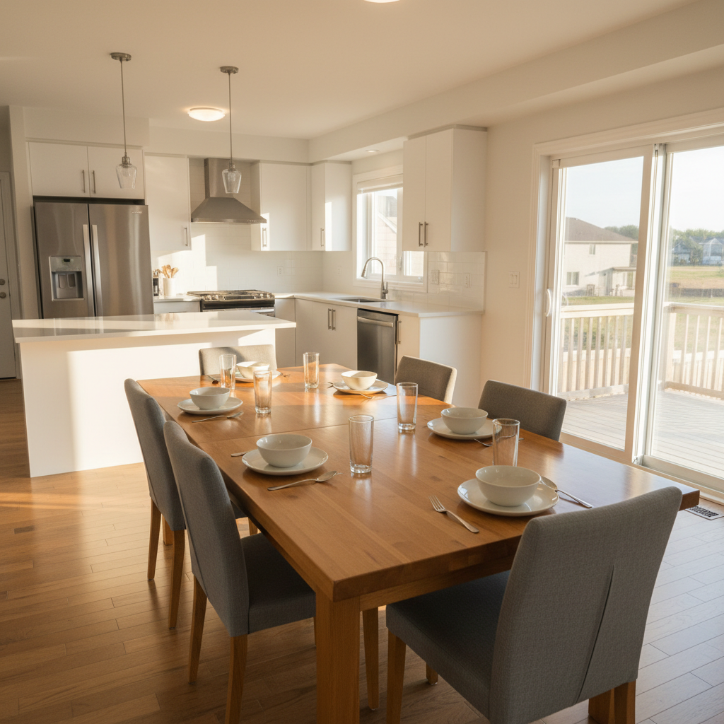 A tidy open-concept dining and kitchen area in a suburban Outaouais home, freshly cleaned for a family gathering. The wooden dining table has a smooth, dust-free surface with simple place settings aligned perfectly, and the chairs are evenly spaced. In the background, the kitchen counters are completely clear, stainless-steel appliances shine, and the sink area is dry and spotless. Warm late-afternoon sunlight streams through a patio door, creating soft, elongated shadows and a cozy yet orderly atmosphere. Photographic realism, wide-angle shot using rule-of-thirds composition. The scene feels inviting, reliable, and subtly luxurious, reinforcing the value of regular professional cleaning.