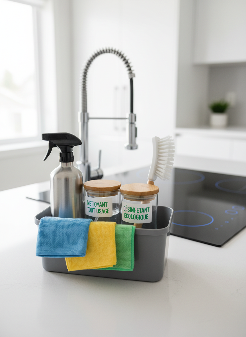 A detailed close-up of professional cleaning tools arranged in a tidy caddy on a kitchen counter: microfiber cloths folded neatly by color, a stainless-steel spray bottle, a soft-bristle brush, and eco-friendly labeled containers, all impeccably clean. Behind, a modern white kitchen with spotless countertops, shining chrome faucet, and a carefully wiped induction cooktop. Soft daylight from a nearby window creates subtle highlights on metal and glass, with a slight bokeh blur in the background. Photographic realism, slightly elevated angle, centered composition. The atmosphere is efficient, organized, and trustworthy, emphasizing the reliability and professionalism of an entretien ménager company.