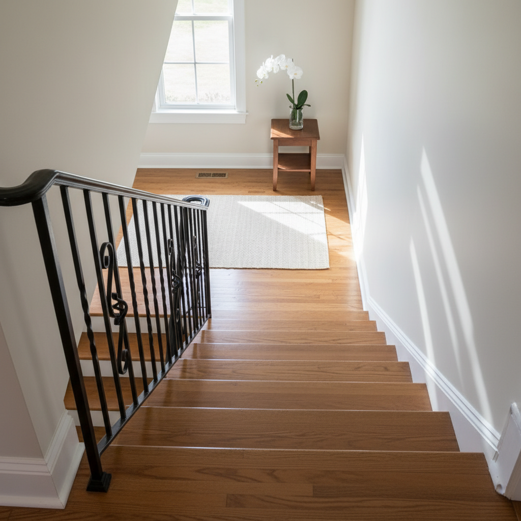 A carefully maintained staircase and landing area in a two-story home, emphasizing detailed cleaning work. The wooden steps are free of dust, the white risers look freshly wiped, and the simple black metal railing has a soft sheen with no fingerprints. On the landing, a small side table with a single decorative vase sits on a vacuumed, lint-free runner. Natural light filters from a nearby window, highlighting the edge of each step and casting clean, parallel shadows along the wall. Photographic realism, shot from a mid-level angle looking slightly downward to show depth. The mood is orderly, safe, and reassuring, conveying meticulous entretien ménager.