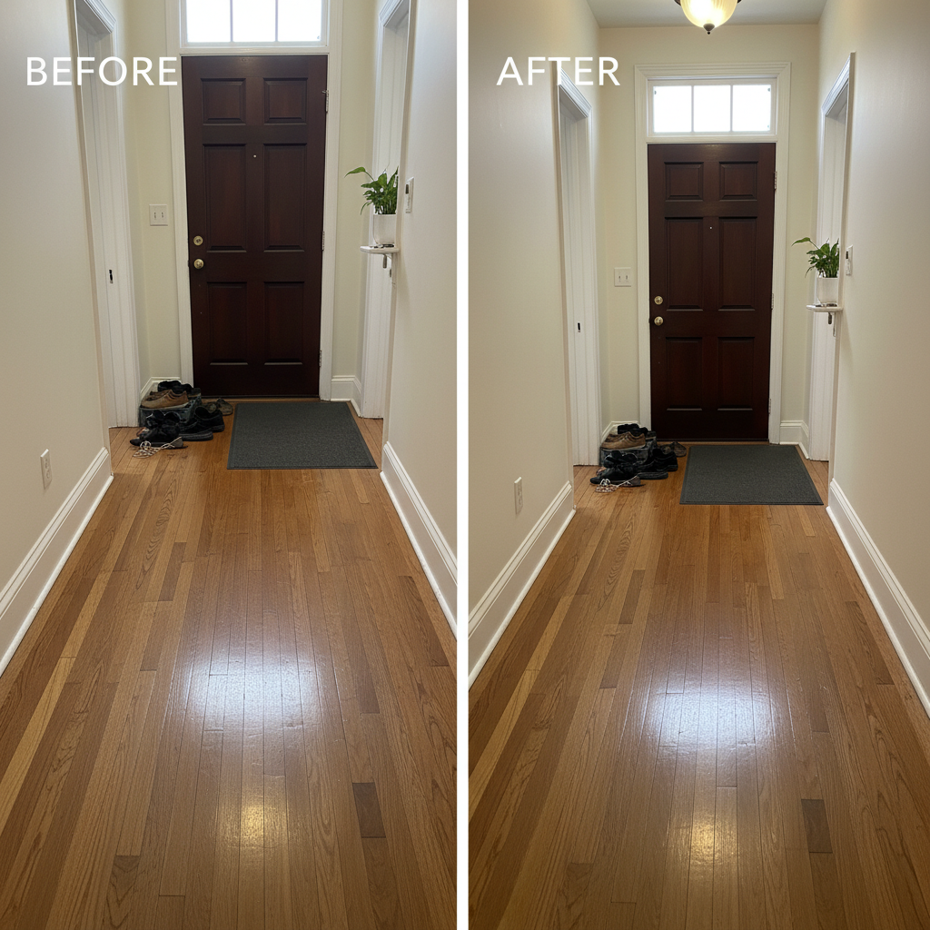 A bright, well-lit hallway in a residential home, captured as a before-and-after split image. On the left, slightly dull floors, faint smudges on baseboards, and mild clutter near the entrance. On the right, the same scene after professional cleaning: floors shining with a gentle reflection, dust-free baseboards, perfectly aligned shoes in a tray, and an immaculate doormat. Natural overhead daylight, evenly diffused, enhances the transformation. Photographic realism, straight-on eye-level composition, clear vertical divider between before and after. The mood is satisfying and reassuring, showcasing the visible impact of professional cleaning services.