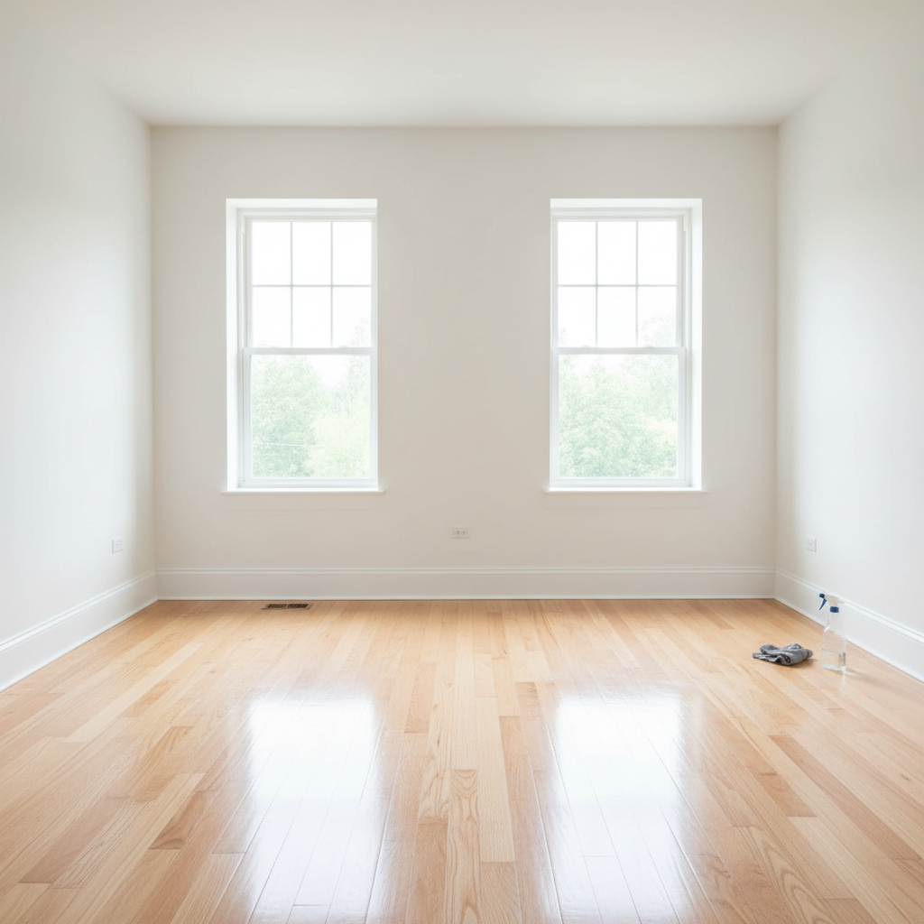 A bright, clean empty room after a professional move-out cleaning service. Spotless hardwood floors, freshly wiped baseboards, clean white walls, natural light coming through large windows. Professional cleaning result, photorealistic, square composition.